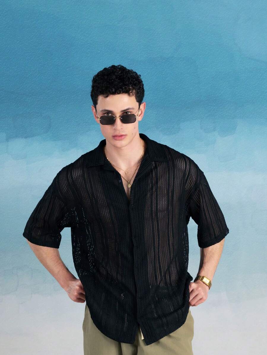 SHEIN X ELOISA & ORSON Manfinity VCAY Camisa hawaiana para hombre, transpirable, básica, de moda, tejida boho y de talla grande para el tiempo libre y las vacaciones en la playa, ropa de playa de verano