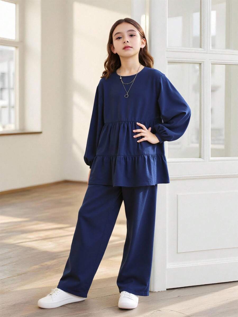 SHEIN Garota pré-adolescente Manga Lanterna Top Peplum & Calças Pernas Largas