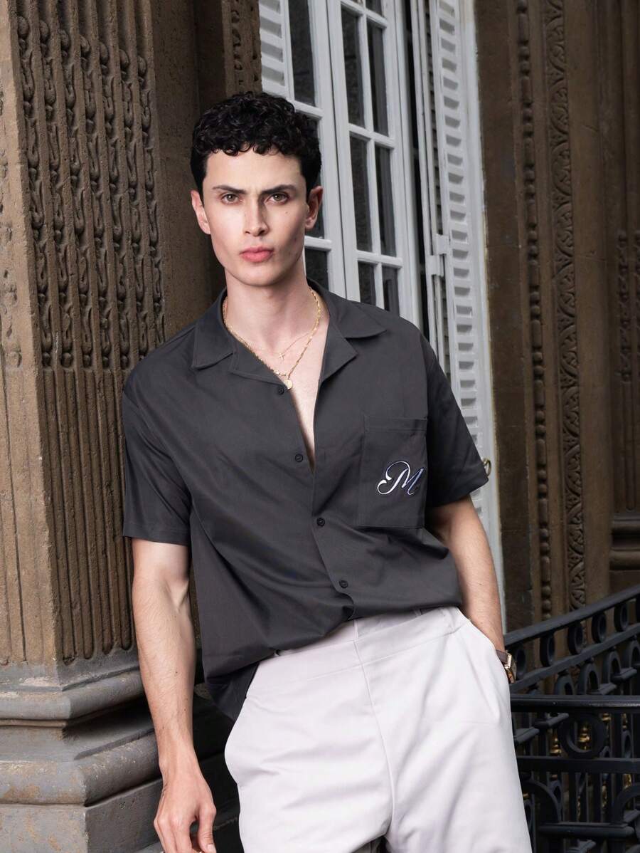 SHEIN X ELOISA & ORSON Musero Collared Embroidered "M" Short Sleeve Button Down Shirt