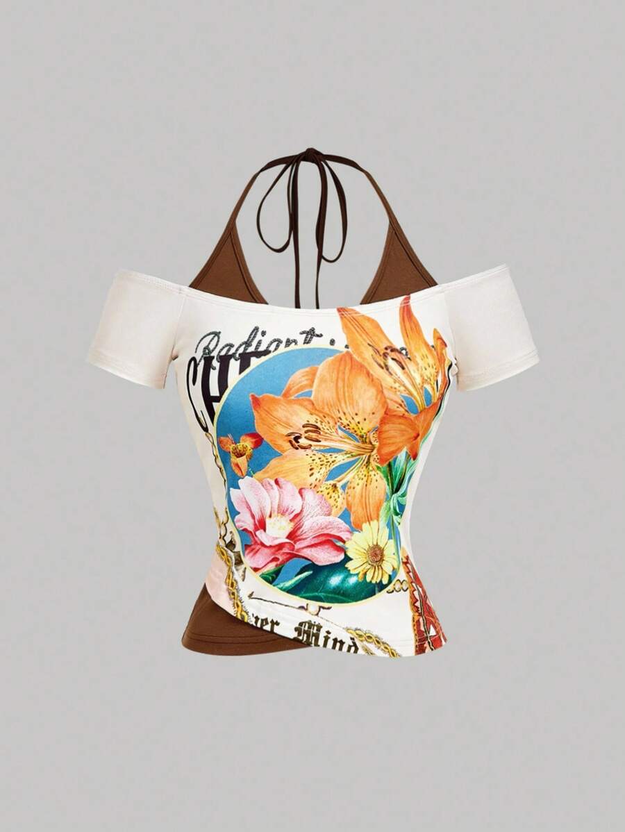 SHEIN MOD T-shirt color block rétro des années 90, style vacances 2 en 1, festival, plage, quotidien, bohème, Y2K, t-shirts graphiques pour femmes, hauts de sortie pour femmes, western, hauts brassière, hauts d'été mignons, hawaï pour femmes, brunch pour femmes, streetwear pour femmes, femmes de campagne