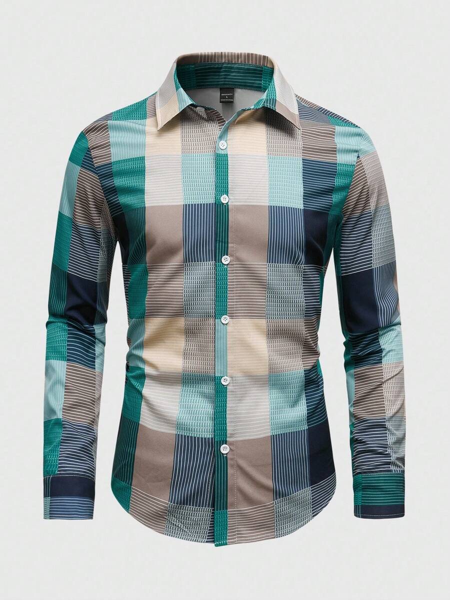 Manfinity Mode Camicia casual a quadri per uomo in taglie comode, adatta per pendolari