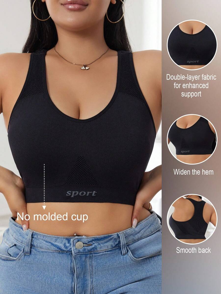 NudeFit Sujetador deportivo sin costuras de talla grande con estampado de letras en tejido doble casual para ropa interior
