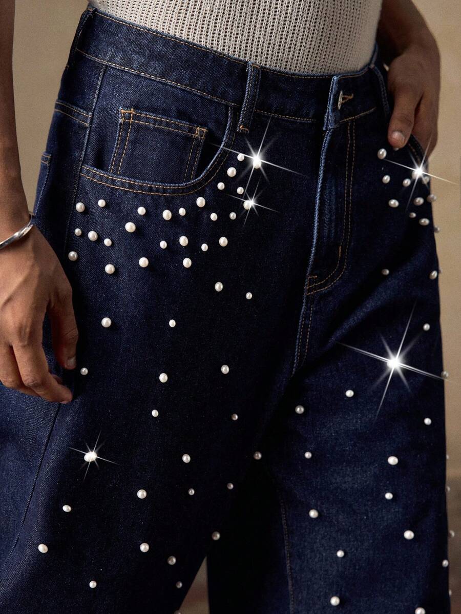 AKNOTIC Men's Light Blue Denim Woven Pearl Decor Casual Straight Leg Jeans Pants, Suitable For Summer, Vacation, Casual, Party, Couples, Men's Gift, Father's Day Gift