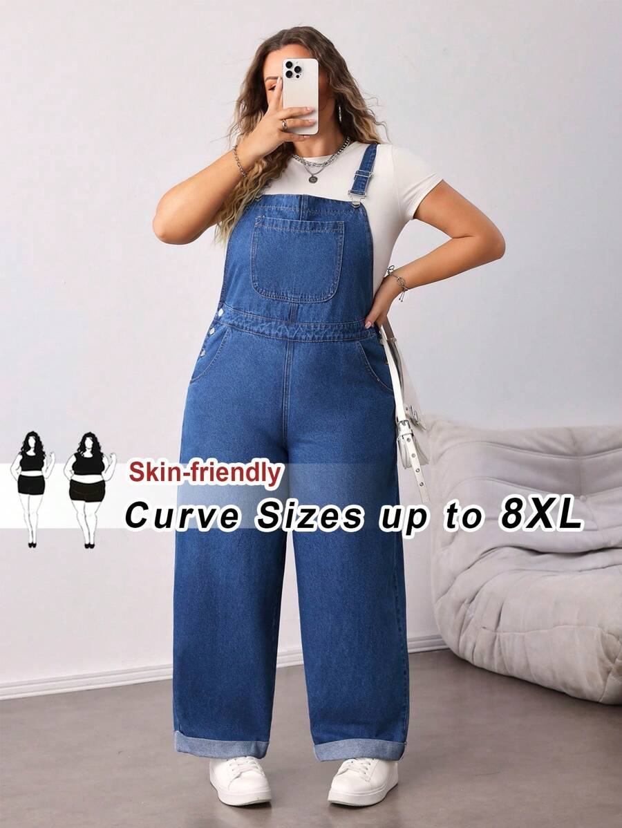 SHEIN CURVE+ Plus Size Blue Denim Jumpsuit Loose Overalls Comfortable Elastic Waist Tapered Pants Design Autumn Casual Wear Back To School Clothes