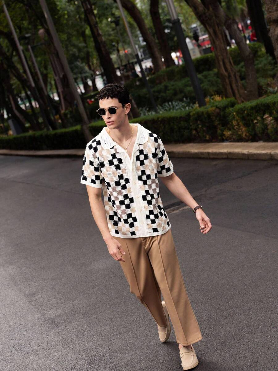 SHEIN X ELOISA & ORSON AKNOTIC Party Pantalones casuales holgados y ajustados de tela de punto color caqui para hombre, con cintura media, aptos para uso diario y vacaciones en primavera/verano