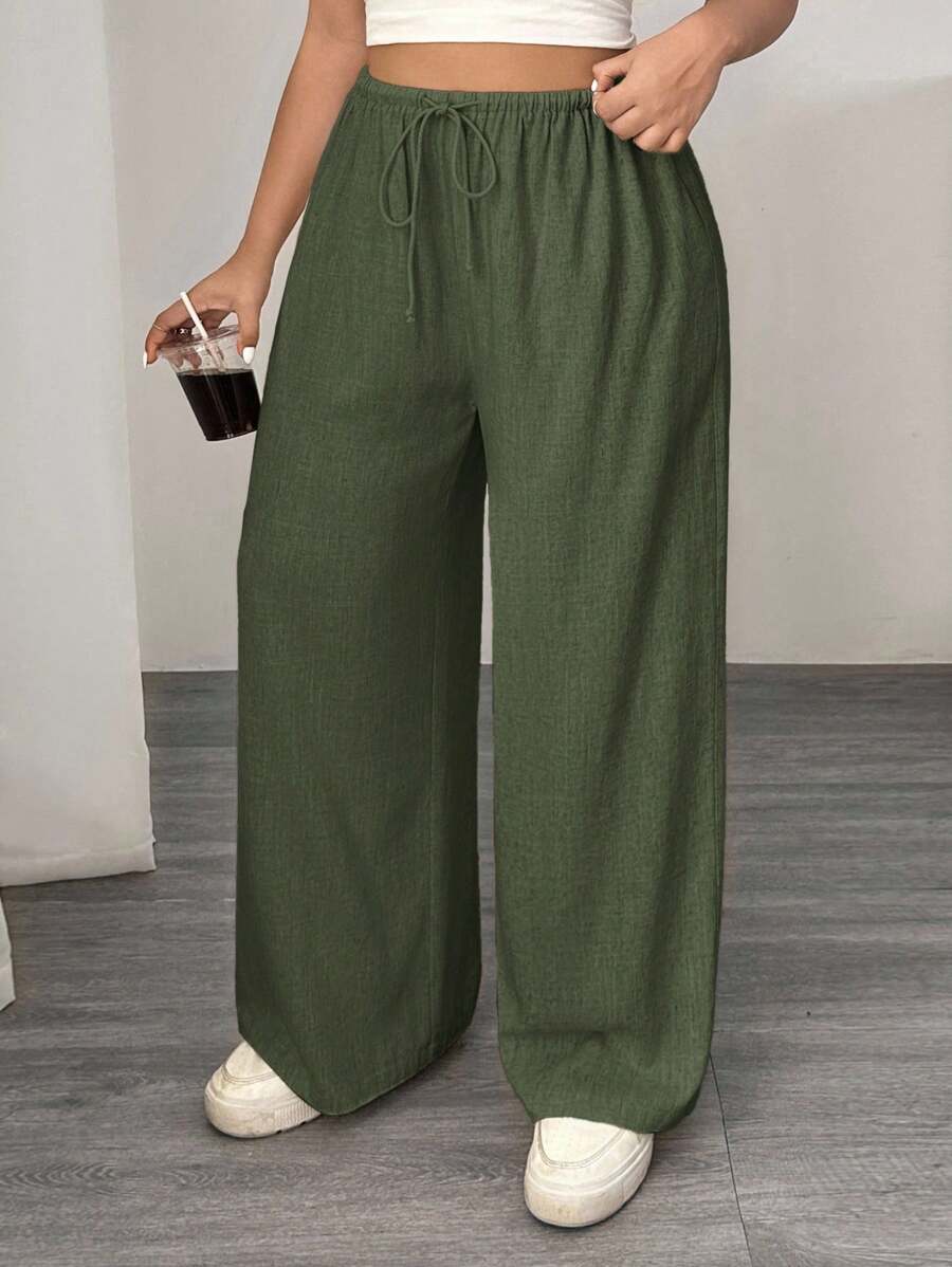 SHEIN EZwear Vestido largo de lino informal y holgado con cordón para tallas grandes