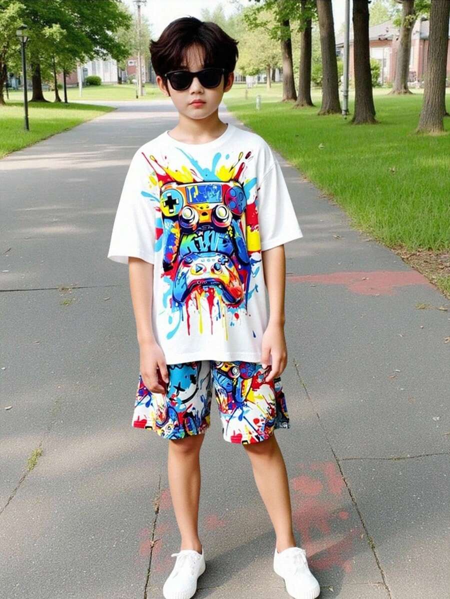 SHEIN Set de 2 piezas de camiseta de manga corta con gráfico de videojuego y pantalones cortos para niño preadolescente