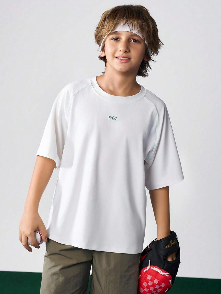 JNSQ Tween Boy Back To School Outdoor Professional Sports T-Shirt, Children Round Neck 3D Embroidery 4-Needle 5-Thread Seamless Outdoor Professional Sports Loose T-Shirt