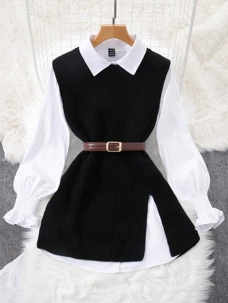 INAWLY 2pcs/Set Spring White Lantern Sleeve Blouse & Loose Fit Open Front Knit Vest, Women Layered Outfit