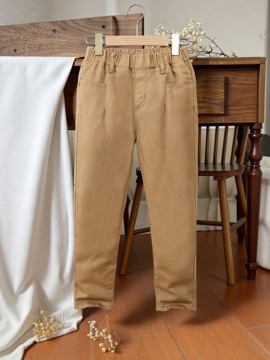 SHEIN Vintaside Kids Jeansy Tween Boy Casual Simple Preppy Cat Whisker Elastic Waist Slim Fit