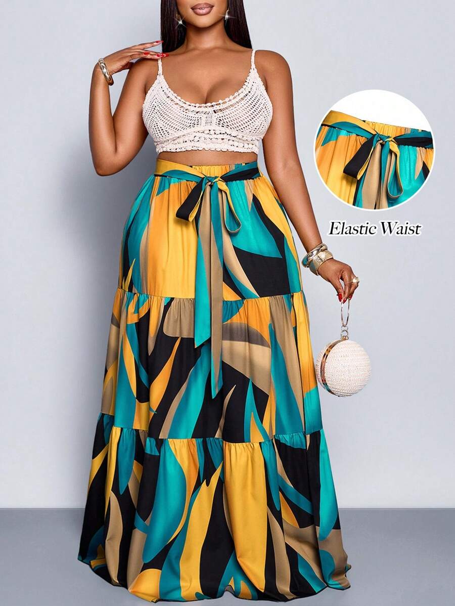 Maweii Plus Size Spring And Summer New Elastic Waist Strap Bowknot A-Line Large Skirt Slit Pleated Abstract Pattern Half Skirt Elegant Sexy Casual Everyday Beach Clothing Vacation Fashion Women's Clothing