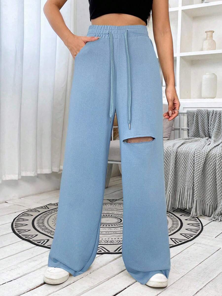 SHEIN EZwear Women's Casual Hazy Blue Distressed Drawstring Waist Wide Leg Sports Pants