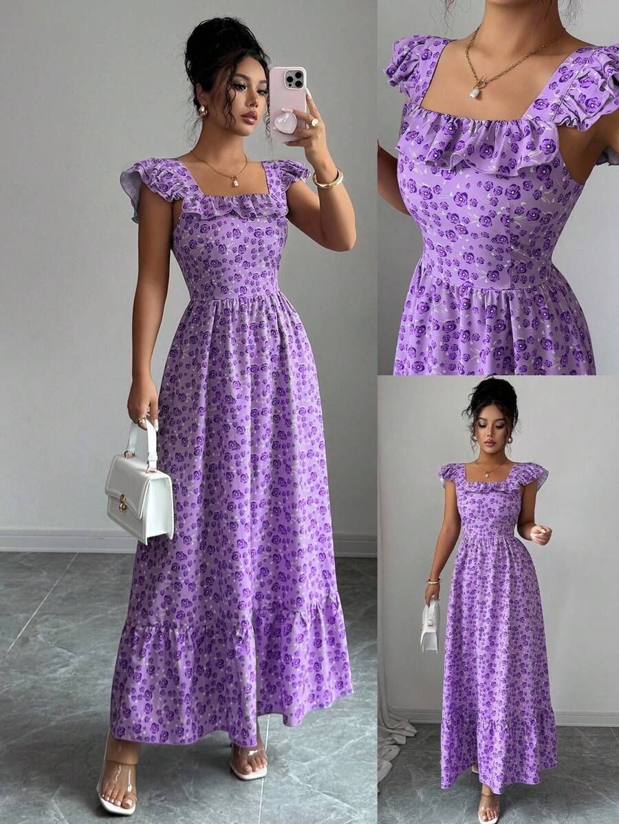 Elenzga Vestido feminino elegante com estampa floral e babados