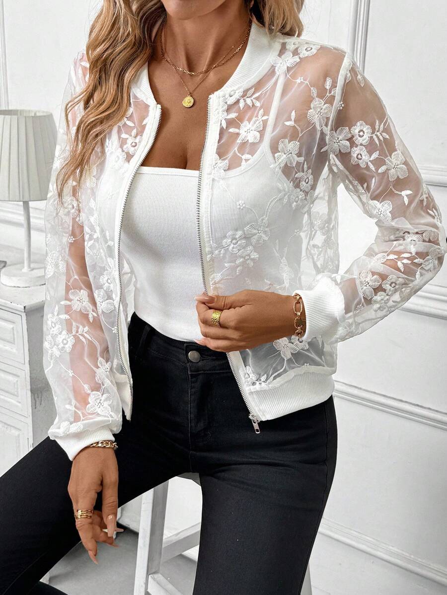SHEIN Clasi Elegant Floral Embroidery Sheer Mesh Baseball Jacket,Brunch Outfits For Women,Wedding Guest Dress