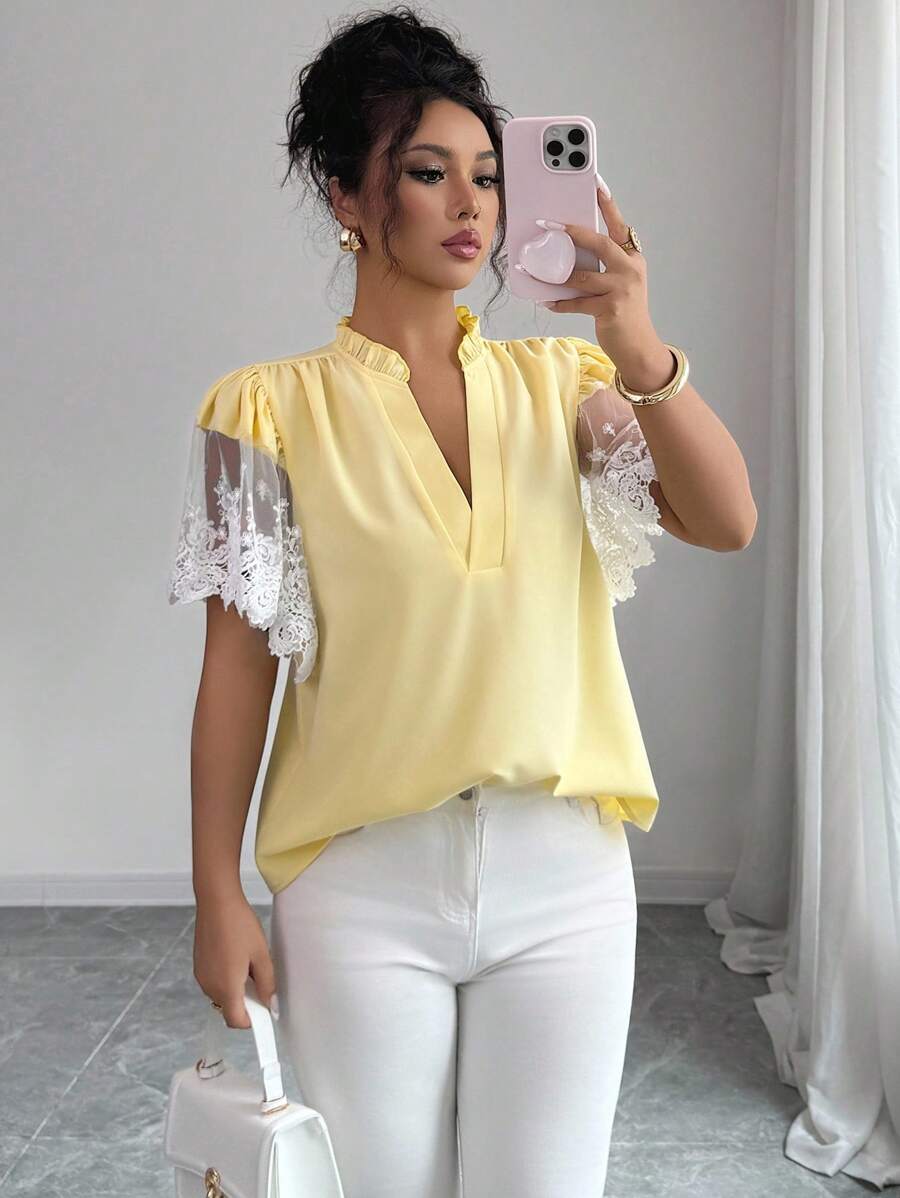 Elenzga Women's Fashion Lace Splice Sleeve V-Neck Blouse