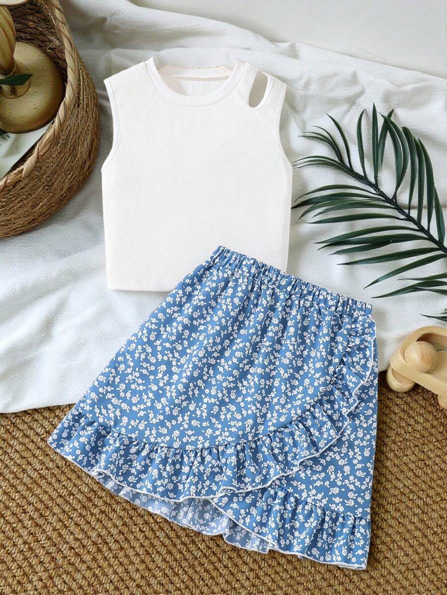 SHEIN Vintaside Kids Teen Girl Solid Color Hollow Out Camisole & Broken Heart Shaped Skirt Set For Summer,Holiday,Summer,Travel