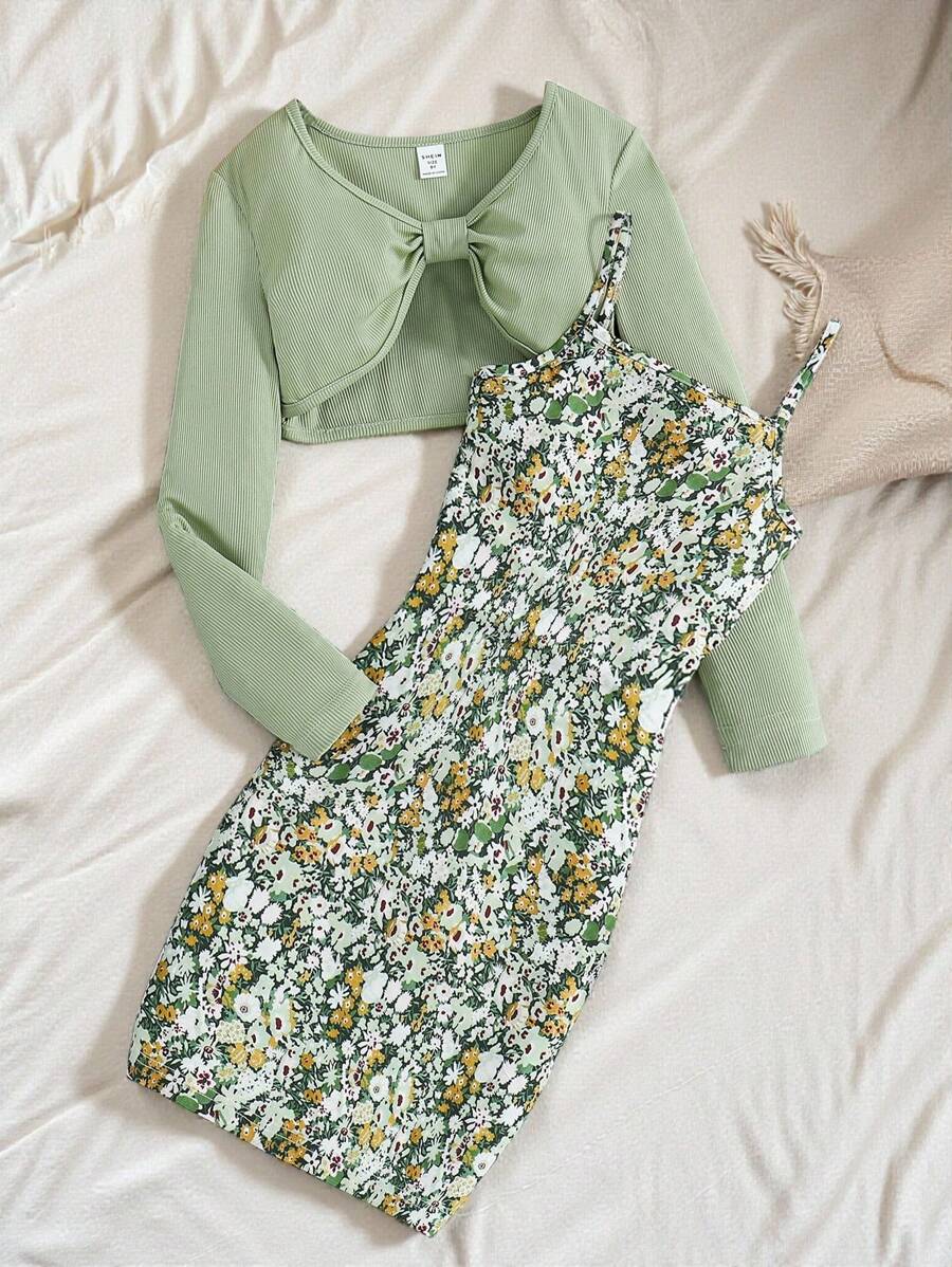 SHEIN Vintaside Kids Conjunto de 2 peças de Top Crop de Manga Longa de Cor Sólida para Menina Tween e Vestido Alça Espaguete com Estampa Floral