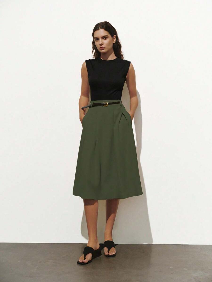 Lumivelle Vestido Midi Feminino de Tricô com Bolso Plissado e Decote Redondo