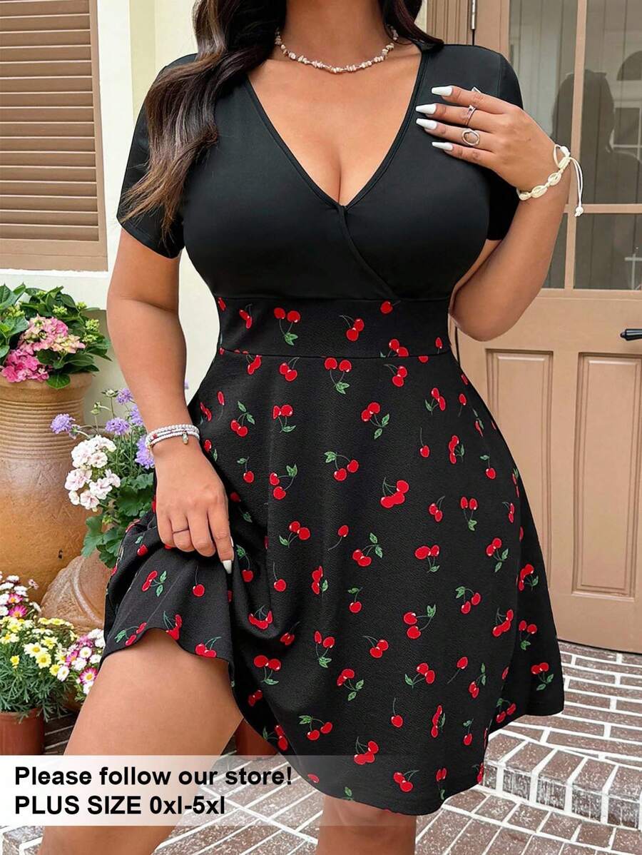 Solflare Plus Size Women Cherry Print V-Neck Short Sleeve Casual Dress, Suitable For Daily Wear, Spring/Summer