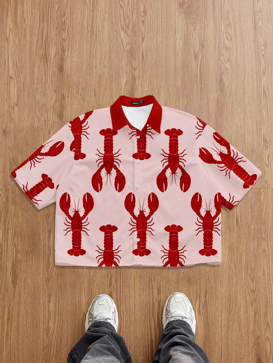 Manfinity Joysei Camisa de manga corta con estampado de langosta roja minimalista y casual para hombre, adecuada para vacaciones de verano, a juego en pareja