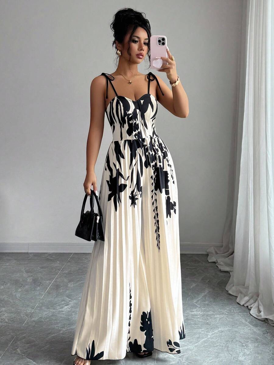 Elenzga Elegant Printed Sleeveless Ruched Waist Romper For Women