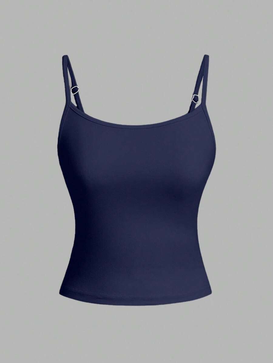 SHEIN PETITE Casual Solid Blue Color Truncated Suspender High Elastic Knitted Slim Fit Women's Vest Suitable For Autumn And Winter As An Inner Wear Back To School