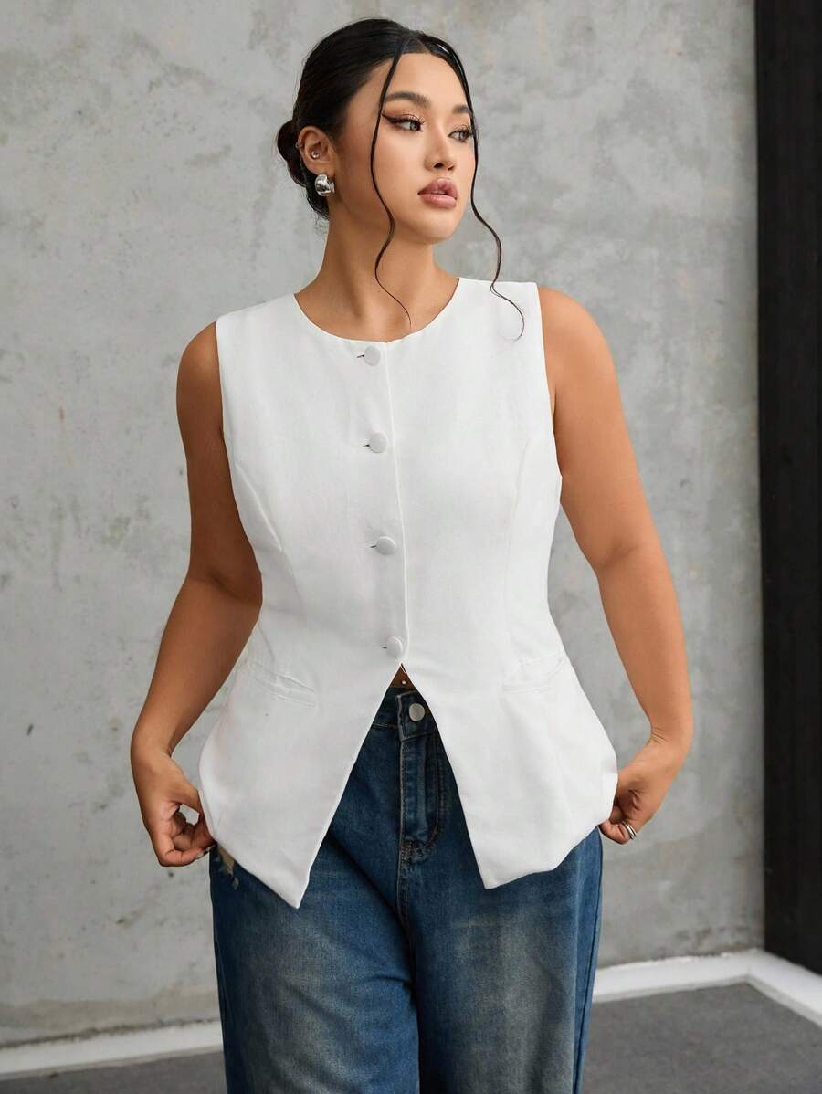 SHEIN EZwear Chaleco informal de resort de cintura ceñida sin mangas de talla grande de lino