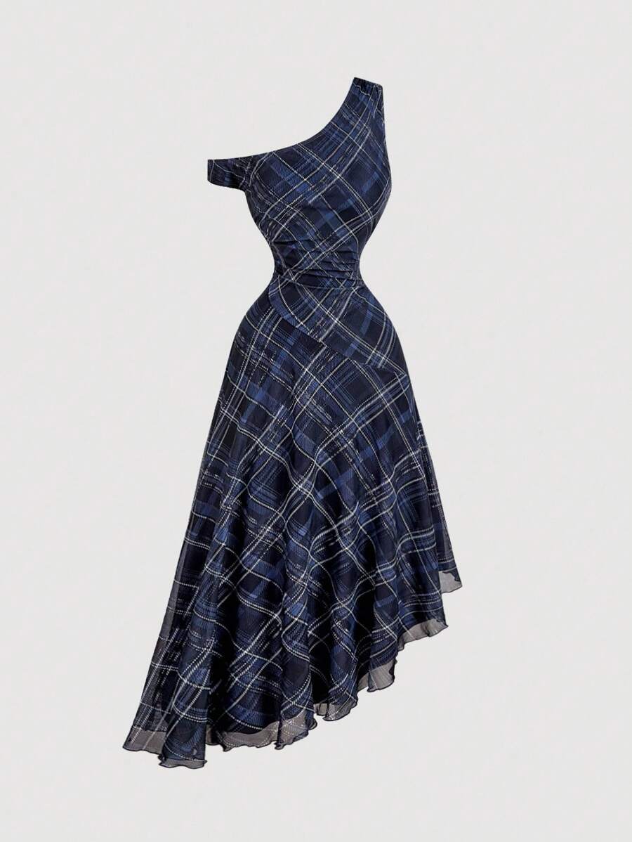 SHEIN MOD Vintage 70s Black And Blue Checkered Asymmetrical Hem Dress With One Shoulder - Perfect For Women's Vacation Outfits, Country Styles, Beach Getaways, Dates, Holidays, Western Wear, Preppy Looks, And Commuter Attire