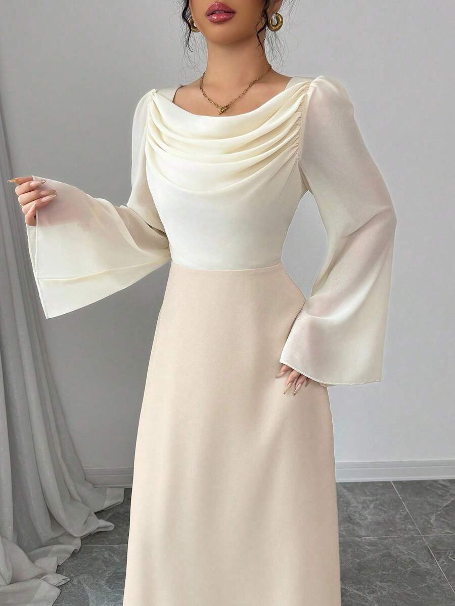Modelyn Women's Woven Fabric Patchwork Round Neck Cinched Waist A-Line Dress