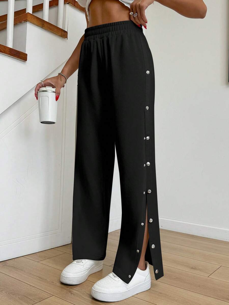 SHEIN PETITE Pantalón de chándal de algodón de pierna ancha con detalles laterales