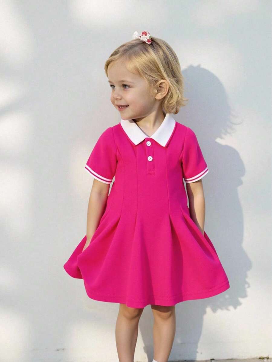 SHEIN Vestido De Detalle Plegado Con Cuello Polo Y Ribete A Rayas Para Niñas Bebé