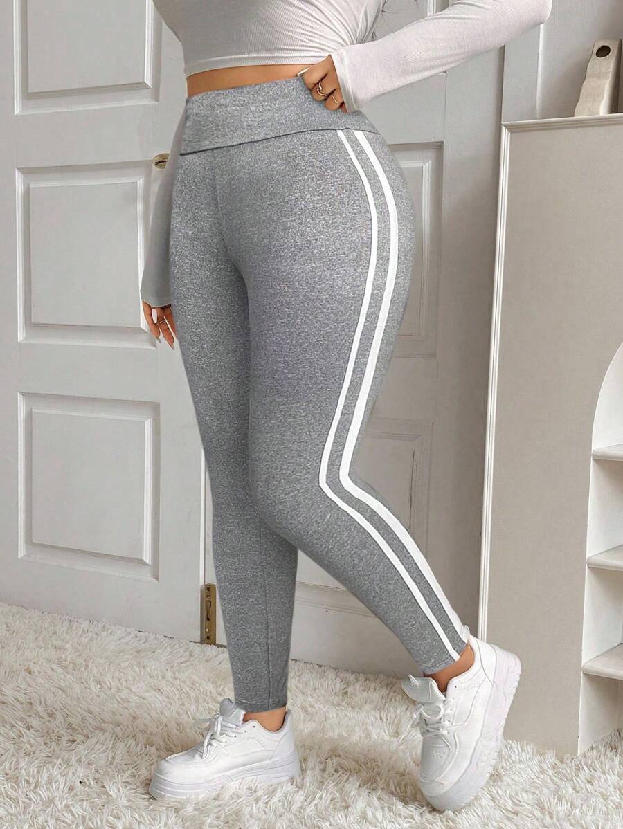 SHEIN EZwear Plus Size Women Striped High Waist Casual Leggings