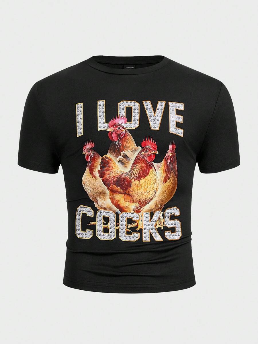 FeverCity Camiseta de manga corta de cuello redondo casual con estampado de letras y de pollo para hombre, de verano