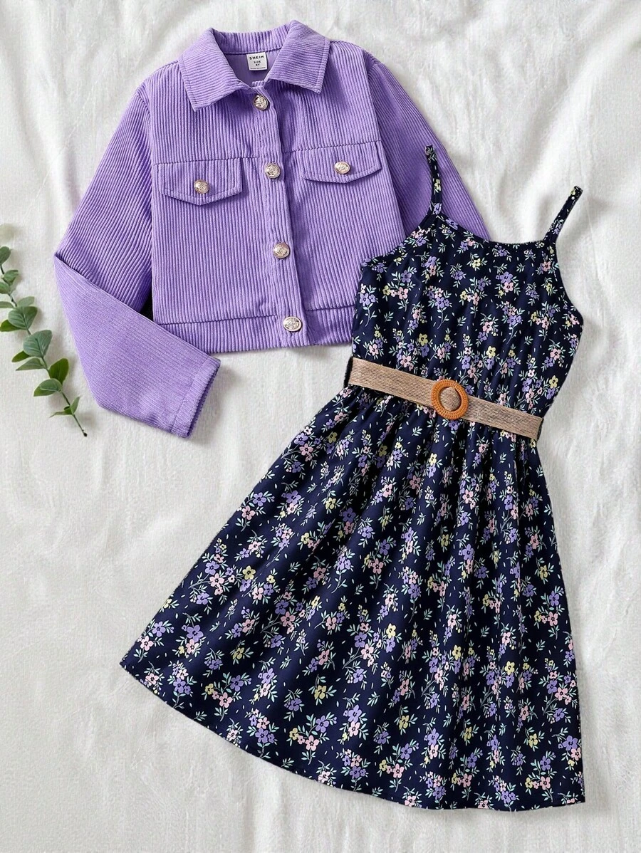 SHEIN Vintaside Kids Conjunto de 2 peças para meninas pré-adolescentes: jaqueta de cor sólida e vestido floral ditsy, primavera outono
