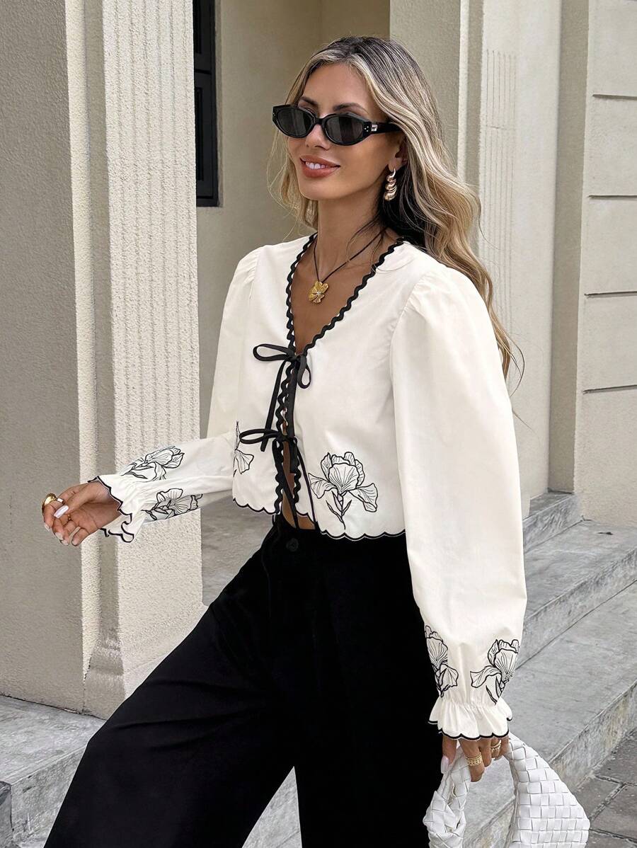 Serisse Women's Vacation Casual Colorblock Woven Strap Floral Embroidered Lace-Up Shirt, Fall Women Clothes,Back To School,Country Concert Outfit , Business Casual Woman, Teacher Outfits For Women,Date Night Outfits Women ,Birthday Outfit ,Brunch Outfits For Women,Western Women Wear ,Business Casual Woman