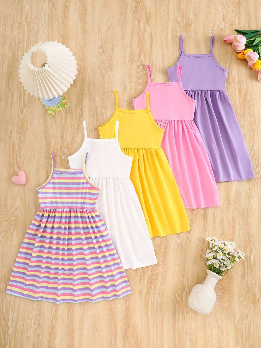SHEIN 5pcs/Set Girls' Solid Color Spaghetti Strap Dresses, Suitable For Layering, Indoor And Outdoor Wear Back To School Girls Toddler Summer Dresses Kids Sun Dresses Girls Pastel Summer Dress Rainbow Dresses For Kids Kids Summer Dresses