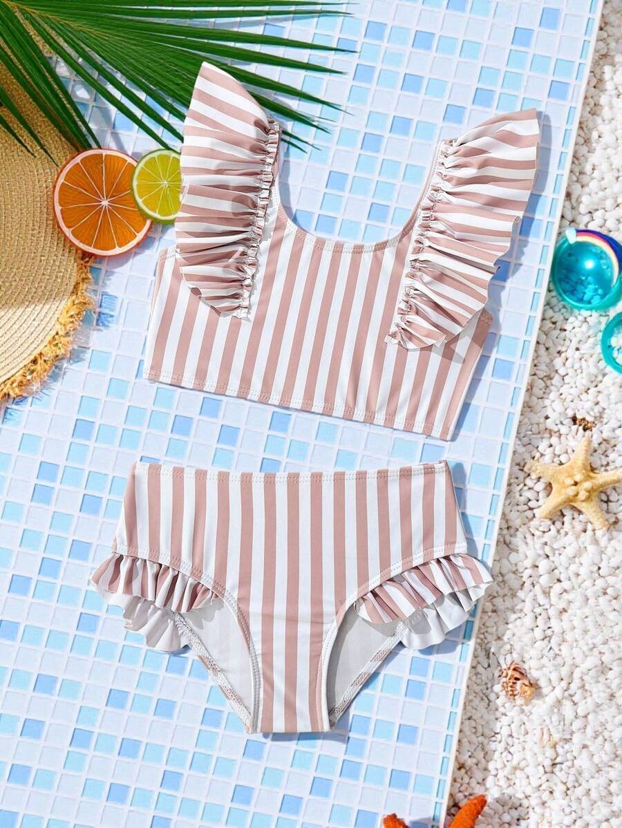 Seturi de bikini cu volane și dungi pentru fete tinere, mâneci scurte elegante, combinate cu pantaloni scurți cu talie înaltă, deblochează vitalitatea verii.