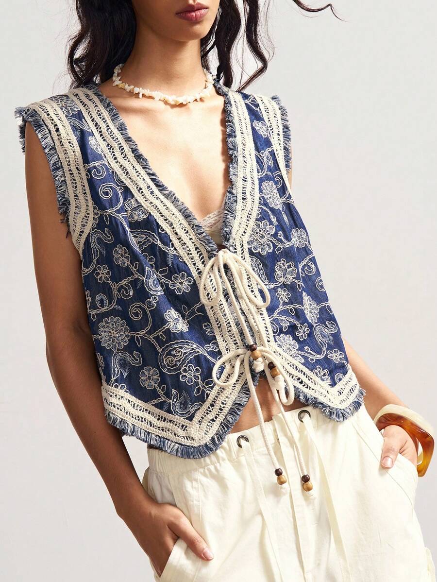Bohemela Chaqueta casual ligera con bordado vintage de estilo bohemio cowgirl para mujer