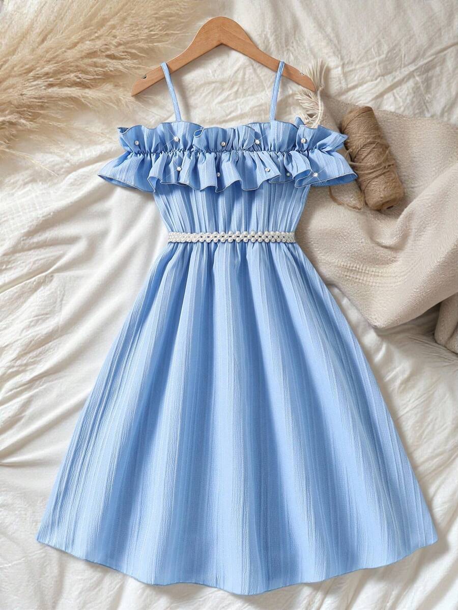 SHEIN Vintaside Kids Tween-Mädchen Lässiges, verstellbares, schlichtes, gewebtes Kleid mit Rüschen, Frühling/Sommer, Off-Shoulder