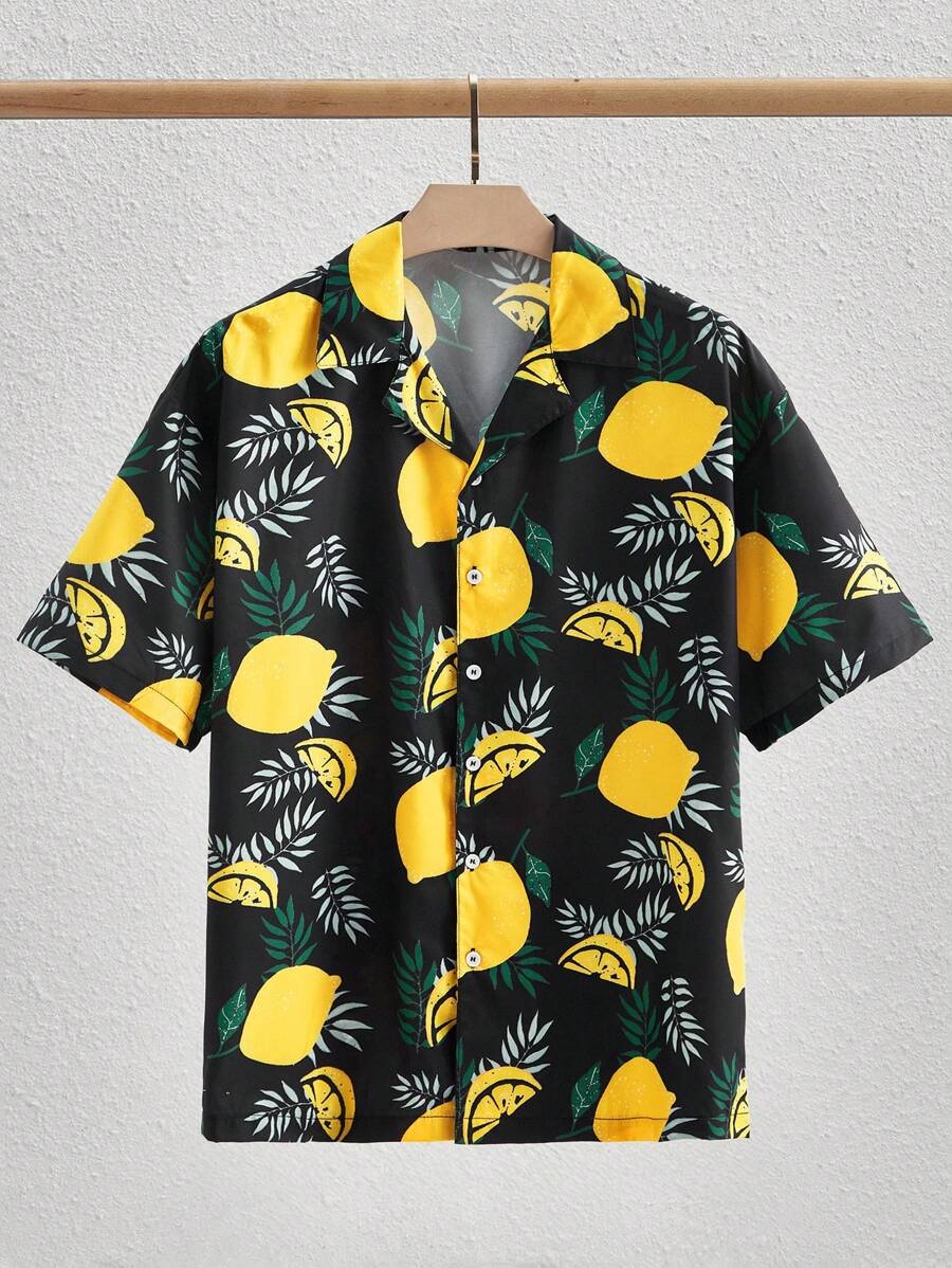 HIMLAND Camisa de manga corta con cuello de solapa estilo campamento, con estampado de limón, informal para hombres