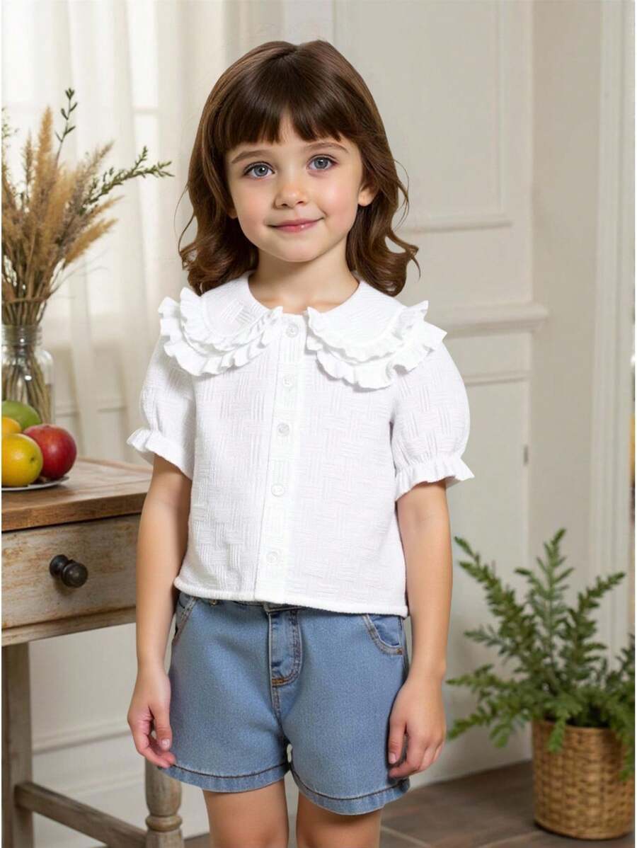 SHEIN Vintaside Kids Kleinkind Mädchen Bluse mit lässigem, strukturiertem Rüschenkragen, doppelschichtigem Spitzenkragen, vielseitig und bequem, geeignet für Ausflüge, Alltagstragen, Urlaub, passend zu verschiedenen lässigen Hosen und Röcken