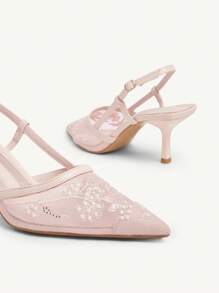 CUCCOO CHICEST Women's Fashion Pointed Toe Pink Embroidered Mesh Open Toe Ankle Strap Stiletto High Heel Party Dress Sandals