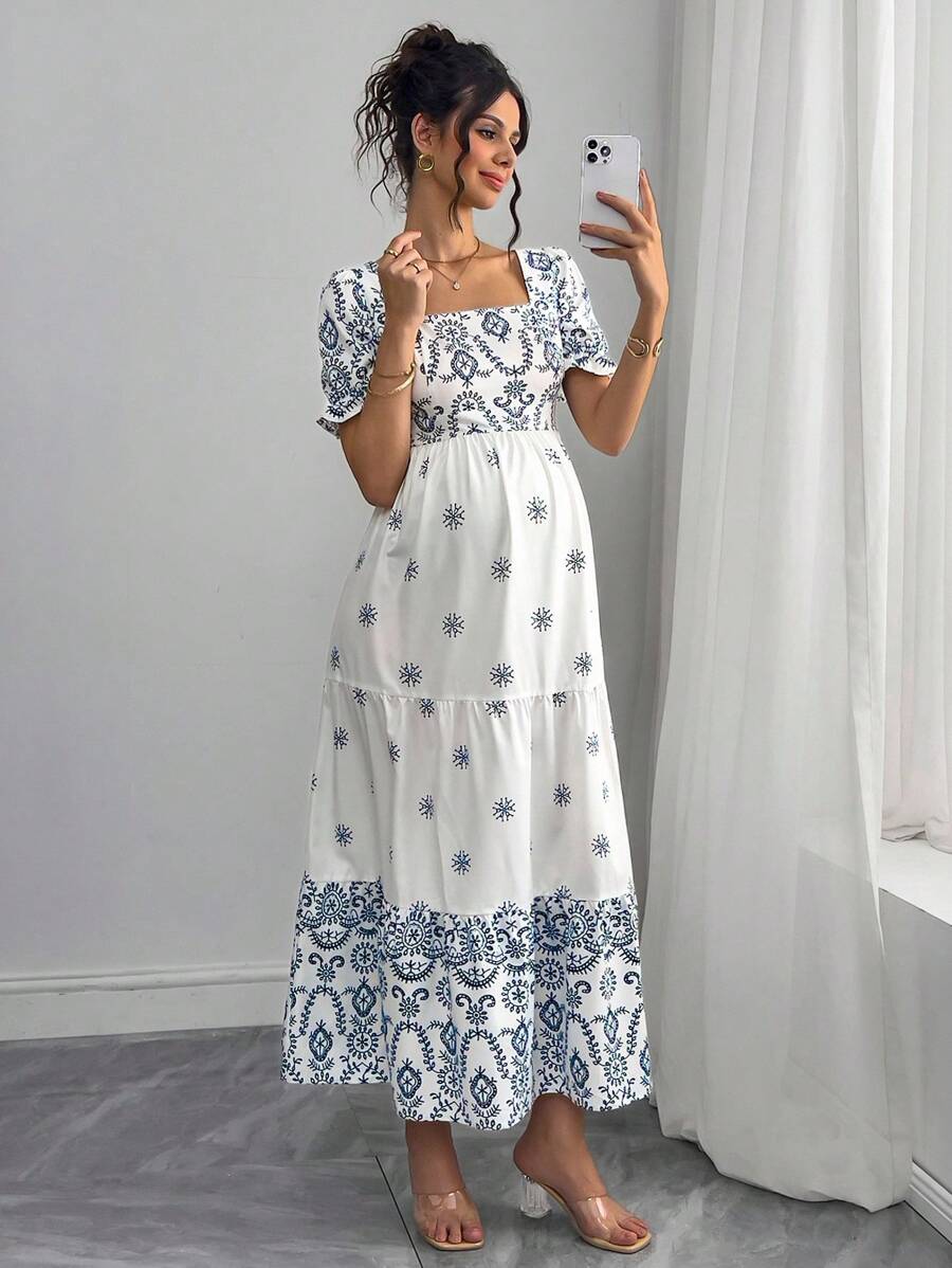 Momance Pregnant Women Square Neck Fitted Waist A-Line Short Sleeve Dress
