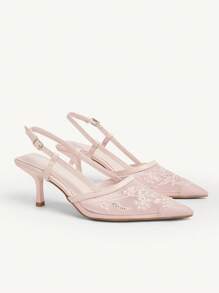 CUCCOO CHICEST Women's Fashion Pointed Toe Pink Embroidered Mesh Open Toe Ankle Strap Stiletto High Heel Party Dress Sandals