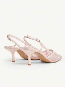 CUCCOO CHICEST Women's Fashion Pointed Toe Pink Embroidered Mesh Open Toe Ankle Strap Stiletto High Heel Party Dress Sandals