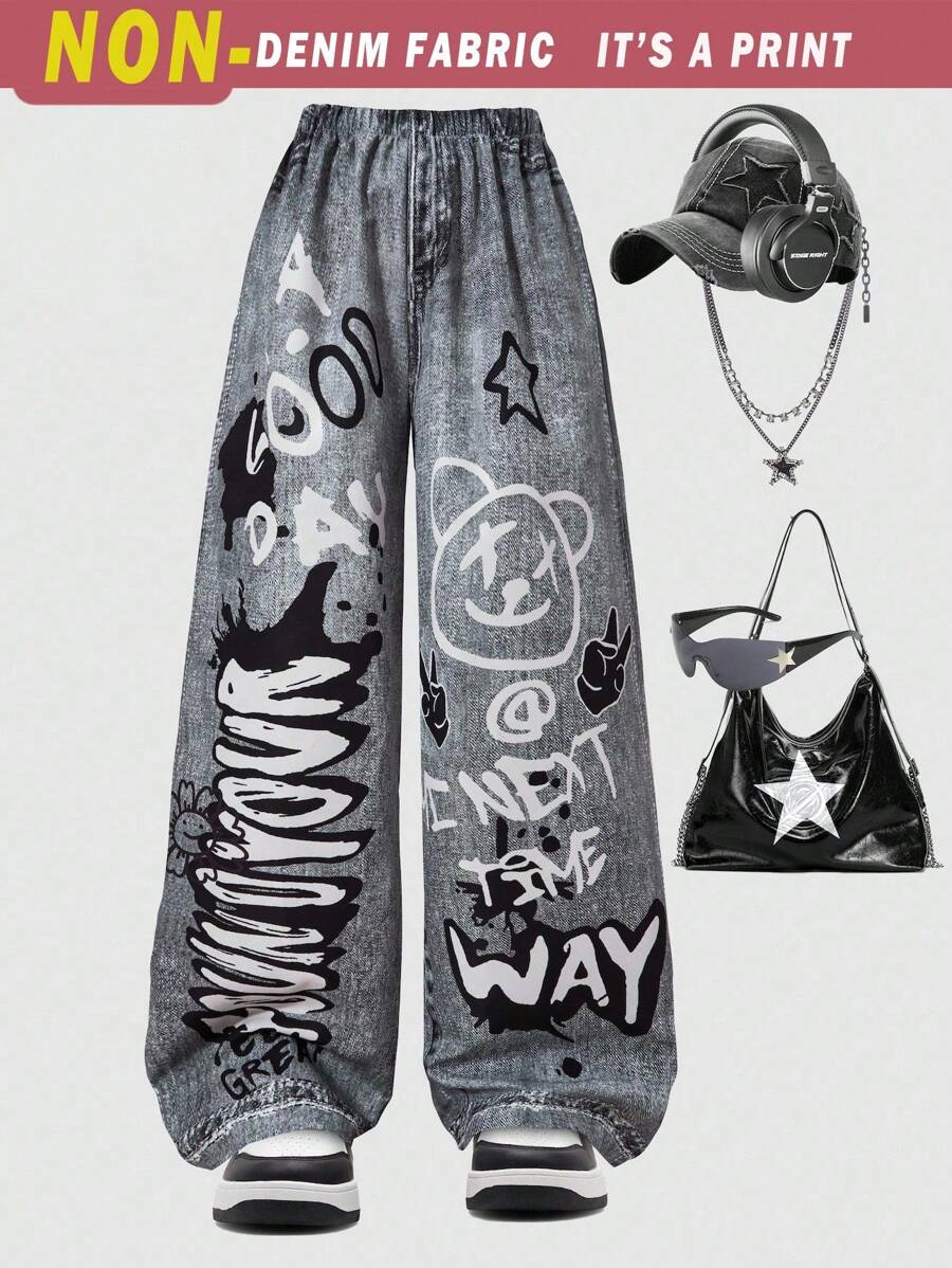 SHEIN Pantalones holgados con estampado de mezclilla sintética para niñas preadolescentes, adecuados para uso casual, vacaciones, estilo callejero y fiestas