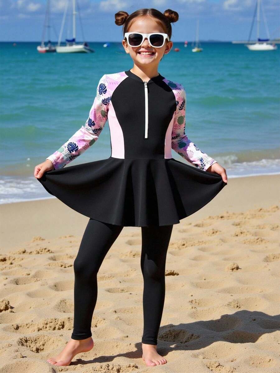 Conjunto de ropa de baño para niñas preadolescentes con parte superior tipo tank top de estampado tropical retazos y Bottom bikini, y bañador de manga larga, talla 8 a 9 años, conjunto de ropa para niñas pequeñas, conjunto de dos piezas para niñas, conjunto de ropa para niñas