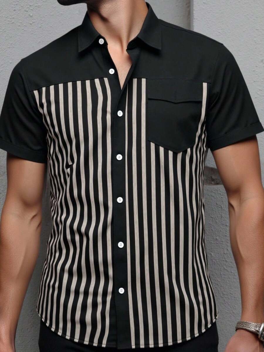 Manfinity Homme Camisa de manga corta, casual, de hombre, con rayas raglan, patchwork y hombros caídos, en unicolor, estilo maduro, para el verano