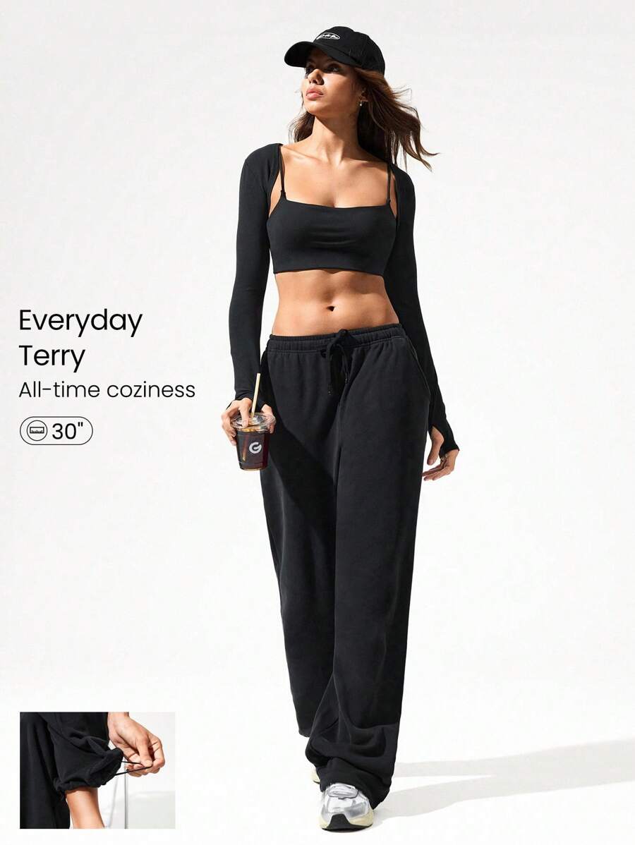 GLOWMODE Everyday Terry Two-Way Wear Adjustable Drawstring Waist Leg Cord Wide Leg Jogger Sweatpants With Side Pockets Daily Casual Wear