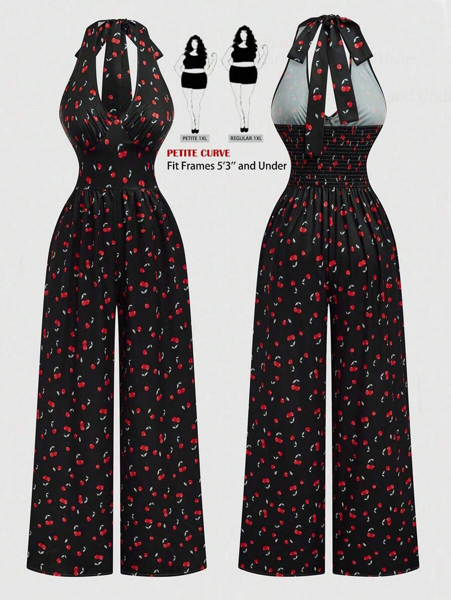 SHEIN PETITE Plus Size Cherry Print Casual Halter Jumpsuit